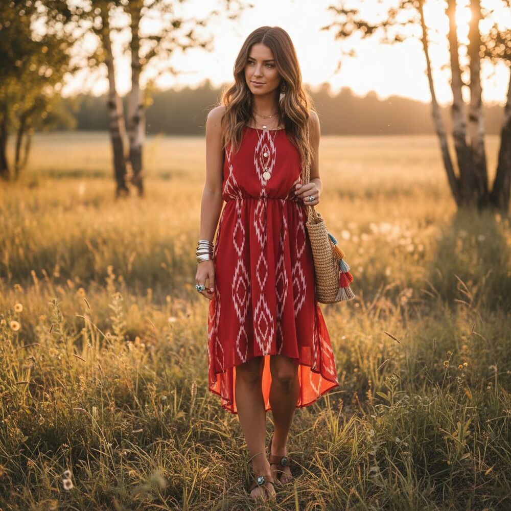 Boho Aztec Ikat Print High-Low Dress Red White Large Braided Rope Halter Neck